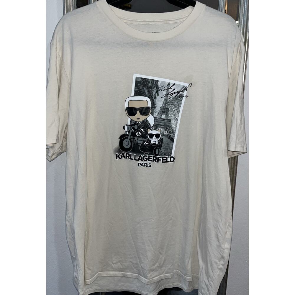 Karl Lagerfeld Men's T-Shirt Ivory - Graphic Print - Cat - Size XL